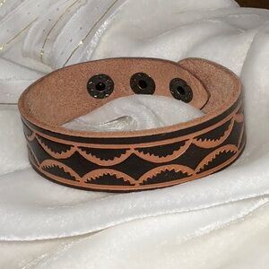 Leather Carved Bracelet Adjustable Snap Close Unisex